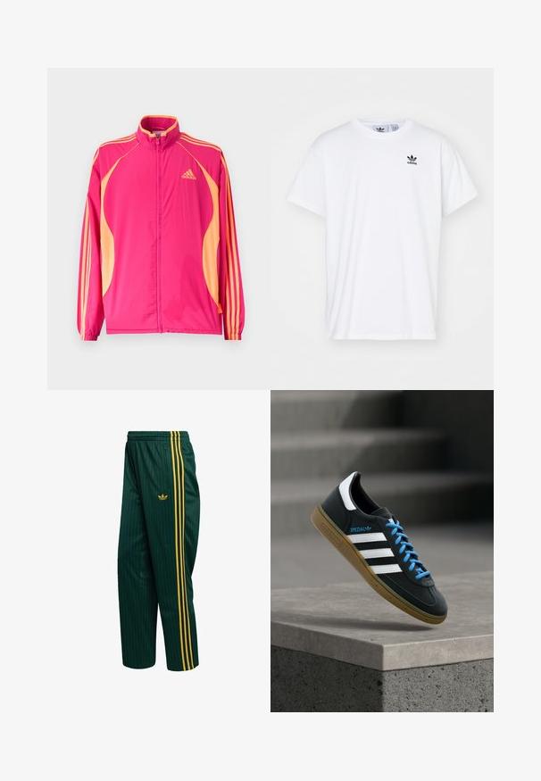 Chaqueta deportiva Adidas de color rosa brillante con paneles laterales melocotón, rayas melocotón en las mangas, puños elásticos y cierre frontal con cremallera.; Camiseta blanca de algodón con mangas cortas, escote redondo y un logo negro de Adidas con tres franjas en la zona del lado izquierdo del pecho.; Pantalones de chándal verdes con rayas, hechos de un material suave, con franjas laterales amarillas y un pequeño logo en la parte delantera. Incluye bolsillo con cremallera.; Zapatilla negra Adidas con franjas blancas, cordones azules y suela de goma flotando sobre un escalón de hormigón gris con luz suave.