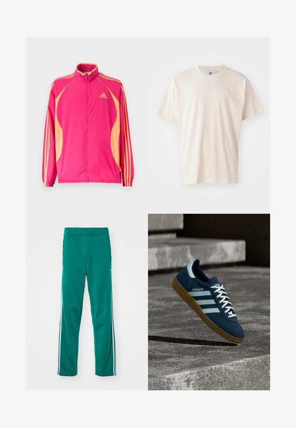 Žiarivo ružová tréningová bunda Adidas s broskyňovými bočnými panelmi, broskyňovými pruhmi na rukávoch, elastickými manžetami a predným zipsom.; Krémové bavlnené tričko s okrúhlym výstrihom a krátkymi rukávmi; má malé, svetlého odtieňa logo na hrudi.; Zelené teplákové nohavice s hladkou štruktúrou, s bielym postranným pruhom a elastickým pásom. Rovné nohy.; Modré tenisky Adidas Spezial s bielymi pruhmi a šnúrkami, gumovou podrážkou, plávajúce nad drsným betónovým povrchom a schodmi v pozadí.