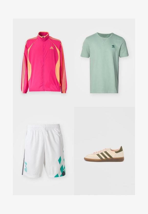 Chaqueta deportiva Adidas de color rosa brillante con paneles laterales melocotón, rayas melocotón en las mangas, puños elásticos y cierre frontal con cremallera.; Camiseta de manga corta color menta con un patrón texturizado, cuello redondo y logo de adidas en verde oscuro en el lado izquierdo del pecho.; Shorts deportivos blancos con cintura elástica, que presentan un patrón geométrico en color azul verdoso y detalles en negro en los laterales. Incluye el número "3" grande.; Zapatilla Adidas Spezial beige de perfil bajo con rayas verdes, suela de goma y la marca "SPEZIAL" en el lateral, vista desde el lado exterior.