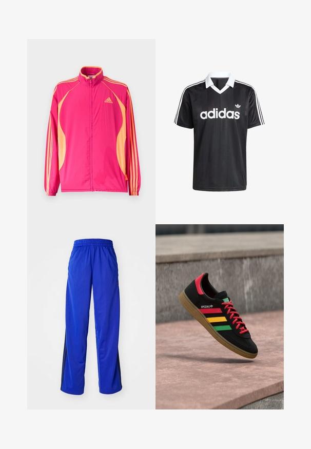 Lyserød Adidas træningsjakke med ferskenfarvede sidepaneler, ferskenfarvede striber på ærmerne, elastiske manchetter og lynlås foran.; Sort kortærmet trøje af glat stof med en hvid V-hals, tre hvide striber på hver skulder og et stort hvidt logo.; Blå sportsbukser med elastisk talje, med sidelister i sort, løstsiddende pasform og glat tekstur.; Sort Adidas Spezial-sneaker med røde, gule og grønne striber, røde snørebånd, gummisål og rødt hældetalje, vist svævende over fortovet.
