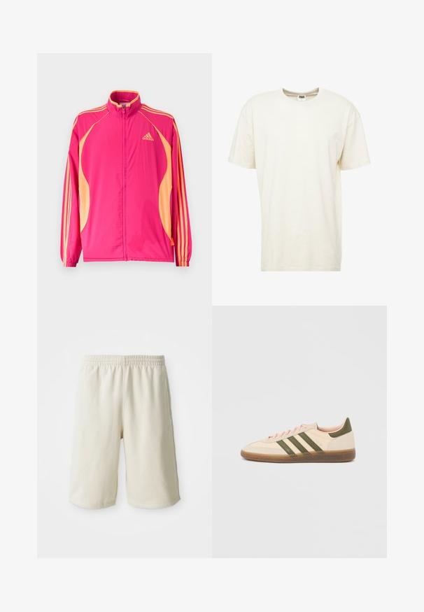 Lyserød Adidas træningsjakke med ferskenfarvede sidepaneler, ferskenfarvede striber på ærmerne, elastiske manchetter og lynlås foran.; T-shirt med korte ærmer og rund hals i lys cremefarve. Fremstillet af blødt bommateriale med en afslappet pasform og minimale sømme.; Lys beige træningsshorts med elastisk talje, glat tekstur og diskret logo-detalje på venstre side forneden. Ingen lommer.; Beige Adidas Spezial sneaker med lav profil, grønne striber, gummisål og "SPEZIAL"-branding på siden, vist fra ydersiden.