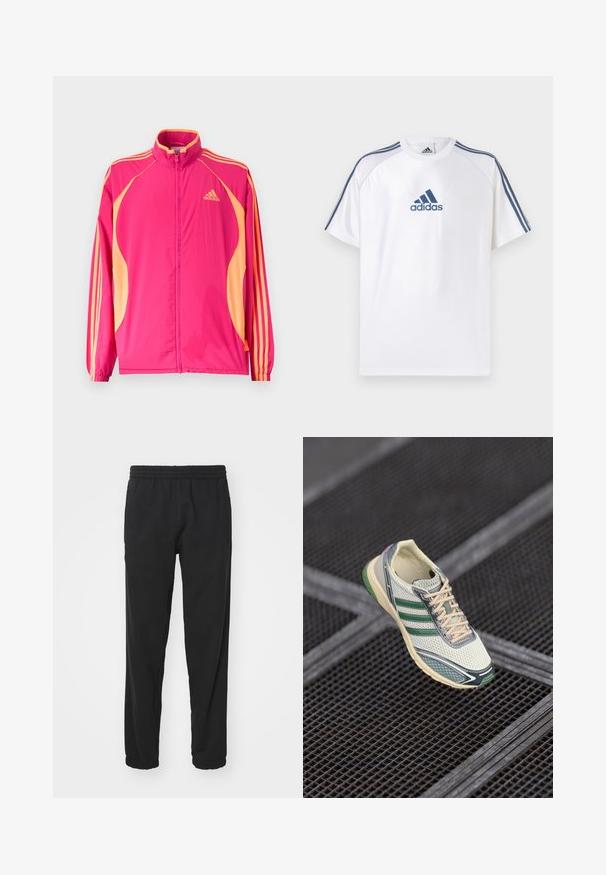 Lyserød Adidas træningsjakke med ferskenfarvede sidepaneler, ferskenfarvede striber på ærmerne, elastiske manchetter og lynlås foran.; Hvid Adidas T-shirt med blå accenter, korte ærmer og rund hals. Har Adidas-logoet i blå på fronten og tre striber på skuldrene.; Sorte letvægts joggerbukser med elastisk talje, tætsiddende ben, samlede manchetter og sidelommer for øget funktionalitet.; Hvide og grønne mesh sneakers med beige snørebånd, svævende over et mørkt metalristegulv.