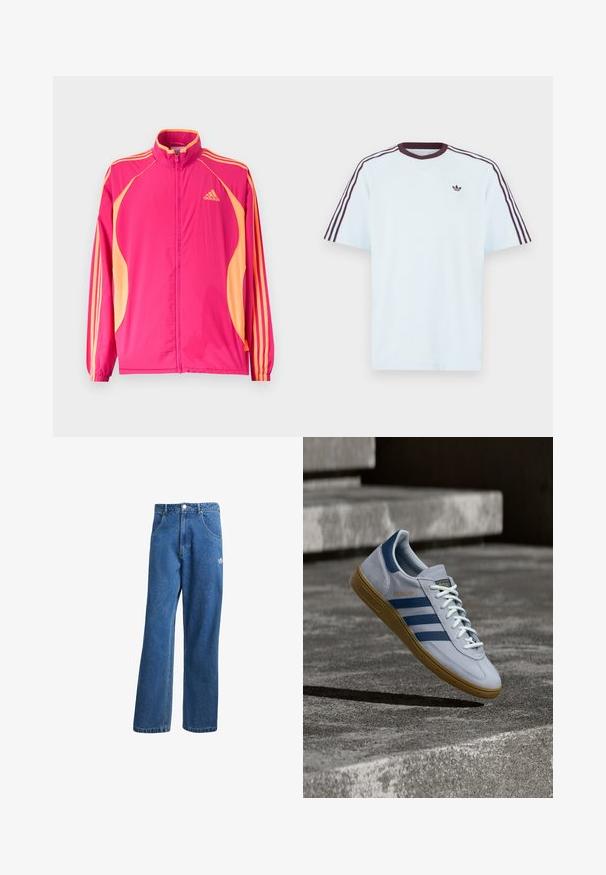 Leuchtend pinke Adidas-Trainingsjacke mit aprikosenfarbenen Seitenpartien, aprikosenfarbenen Streifen auf den Ärmeln, elastischen Bündchen und Reißverschluss vorne.; Hellblaues Baumwoll-T-Shirt mit kurzen Raglanärmeln, kastanienbraunen Streifen entlang der Schultern und einem kleinen Logo auf der Brust.; Blaue hohe, weite Jeans mit Fronttaschen, Gürtelschlaufen, Knopfverschluss und kleinem Adidas-Logo am rechten Oberschenkel.; Hellblauer Adidas Spezial Sneaker mit dunkelblauen Streifen und Gummisohle, in der Luft über Betontreppen in neutralem Außenbereich gezeigt.