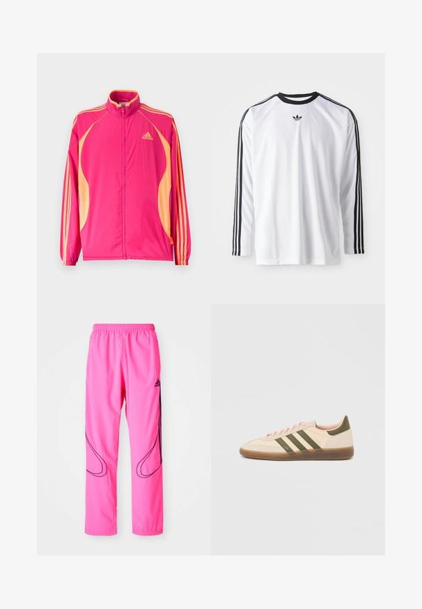 Heldere roze Adidas trainingsjack met perzikkleurige zijpanelen, perzikkleurige strepen op de mouwen, elastische manchetten en een ritssluiting aan de voorkant.; Witte lange mouw shirt van zachte stof met zwarte accenten, met drie zwarte strepen langs de mouwen en een klein zwart logo.; Roze sportbroek met een elastische tailleband, zijzakken en contrasterende zwarte gebogen patronen met een Adidas-logo.; Beige Adidas Spezial sneaker met een laag profiel, groene strepen, een gumkleurige zool en "SPEZIAL" branding aan de zijkant, gezien vanaf de buitenzijde.