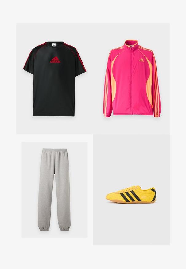 Φωτεινό ροζ αθλητικό μπουφάν Adidas με ροδακινί πλαϊνές λωρίδες, ροδακινί ρίγες στα μανίκια, ελαστικά μανσέτα και φερμουάρ στο μπροστινό μέρος.; Μαύρο αθλητικό μπλουζάκι με κόκκινες λεπτομέρειες και λογότυπο. Κατασκευασμένο από λείο, ελαφρύ ύφασμα. Διαθέτει στρογγυλή λαιμόκοψη και κοντά μανίκια.; Ανοιχτό γκρι φόρμα με ελαστική μέση και τελειώματα, ίσια γραμμή, κατασκευασμένη από μαλακό ύφασμα.; Κίτρινο αθλητικό παπούτσι με υφή στο επάνω μέρος, με μαύρες ρίγες και λογότυπο. Στρογγυλεμένη μύτη, μαλακή σόλα και ζιγκ-ζαγκ σχέδιο στο υλικό.