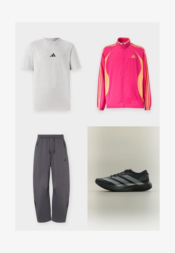 Žiarivo ružová tréningová bunda Adidas s broskyňovými bočnými panelmi, broskyňovými pruhmi na rukávoch, elastickými manžetami a predným zipsom.; Šedé bavlnené tričko s krátkymi rukávmi a okrúhlym výstrihom, s malým čiernym logom so tromi pruhmi na hornej ľaviej strane hrude.; Tmavosivé športové nohavice so širokými nohavicami, elastickým pásom, šnúrkami, bočnými vreckami na zips a nenápadným logom značky na ľavom stehne.; Čierna bežecká obuv s tromi sivými pruhmi na boku a hrubou polstrovanou podrážkou, zobrazená z profilu na jednoliatom pozadí.