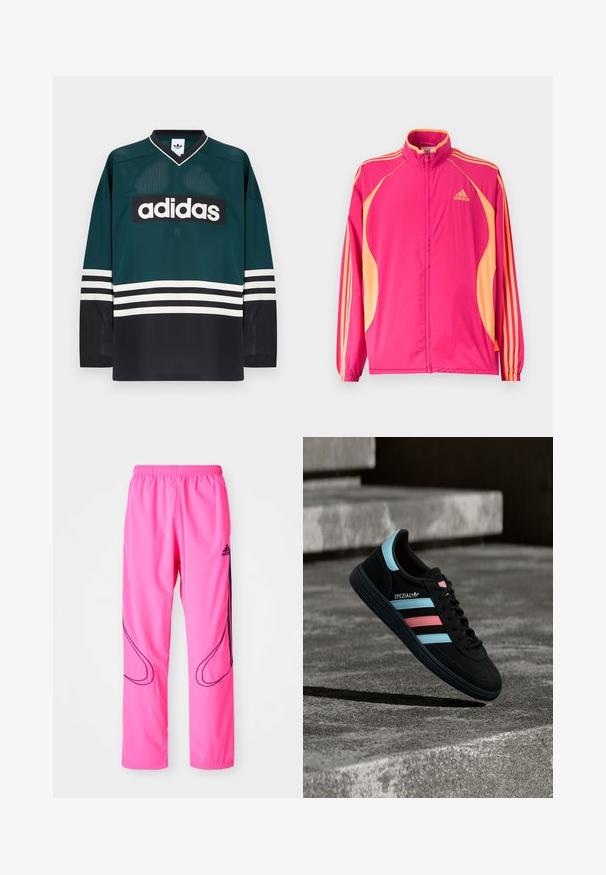 Heldere roze Adidas trainingsjack met perzikkleurige zijpanelen, perzikkleurige strepen op de mouwen, elastische manchetten en een ritssluiting aan de voorkant.; Groen-zwart Adidas-shirt met een V-hals, lange mouwen, een mesh textuur en een opvallend wit logo over de borst met gestreepte accenten.; Roze sportbroek met een elastische tailleband, zijzakken en contrasterende zwarte gebogen patronen met een Adidas-logo.; Zwarte Adidas Spezial sneaker met blauwe en roze strepen, zwevend boven een getextureerd grijs betonnen oppervlak met schaduw eronder.