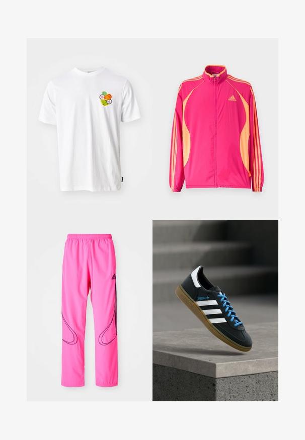 Heledast roosa Adidas jope vaarikavärviliste külgpaneelide, vaarikavärvi triipude varrukatel, elastsete mansettide ja ees tõmbeluku sulgumisega.; Valge puuvillane T-särk, mille vasakus rinnas on ümmargune joonistus oranžide, roheliste ja kollaste puuviljadega.; Roosa spordipüksid, millel on elastne vöökoht, küljetaskud ja kontrastsed mustad kõverad mustrid koos Adidas'i logoga.; Must Adidas toss valgete triibu, siniste paelte ja kummist tallaga, hõljuv pehme valgusega halli betoonastme kohal.