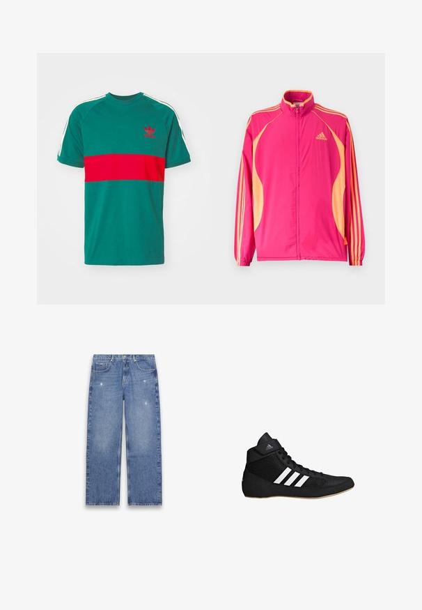 Kirkkaanpinkki Adidas-urheilutakki persikanvärisillä sivupaneeleilla, persikanvärisillä raidoilla hihoissa, joustavilla resoreilla ja etuvetoketjulla.; Vihreä puuvillapaita, jossa on punainen vaakasuora raitaa, valkoiset olkaitat sekä brodeerattu logo rinnassa. Lyhyet hihat, pyöreä pääntie.; Siniset suorat farkut, joissa lievää kulutusta, viiden taskun malli, napilla ja vetoketjulla suljettavat, esitettynä tasaisesti valkoisella taustalla.; Mustat korkeat urheilukengät, joissa on verkkopaneelit, valkoiset raidat, vahvistettu kanta ja kumipohja. Suunniteltu suorituskyvyn ja tuen takaamiseksi.
