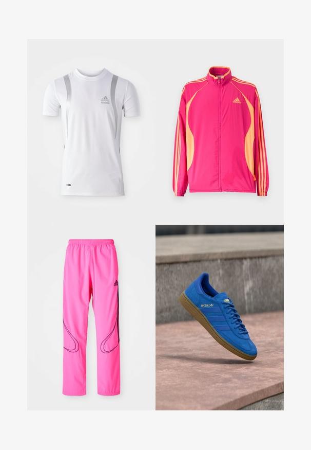 Chaqueta deportiva Adidas de color rosa brillante con paneles laterales melocotón, rayas melocotón en las mangas, puños elásticos y cierre frontal con cremallera.; Camiseta atlética blanca de manga corta con detalles plateados, presenta un cuello redondo y un logo de Adidas en el pecho. Fabricada con tela que absorbe la humedad.; Pantalones deportivos rosas con cinturilla elástica, bolsillos laterales y patrones curvados en negro en contraste con el logotipo de Adidas.; Zapatilla Adidas Spezial azul con suela de goma, cordones atados, suspendida sobre una superficie de piedra lisa cerca de una pared de hormigón gris.