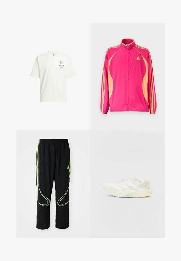 Heldere roze Adidas trainingsjack met perzikkleurige zijpanelen, perzikkleurige strepen op de mouwen, elastische manchetten en een ritssluiting aan de voorkant.; Witte katoenen t-shirt met een ronde hals, korte mouwen en een grafische print met "Adidas" en "Los Angeles" in het groen.; Zwarte Adidas sportbroek met neon groene gebogen lijnen en drie strepen aan de zijkanten, elastische tailleband en het Adidas-logo op de voorkant van de bovenbenen.; Witte sportieve schoen met een bovenwerk van mesh, voorzien van drie witte strepen, een ronde neus en een lichtgekleurde zool met het label "LIGHTSTRIKE PRO."
