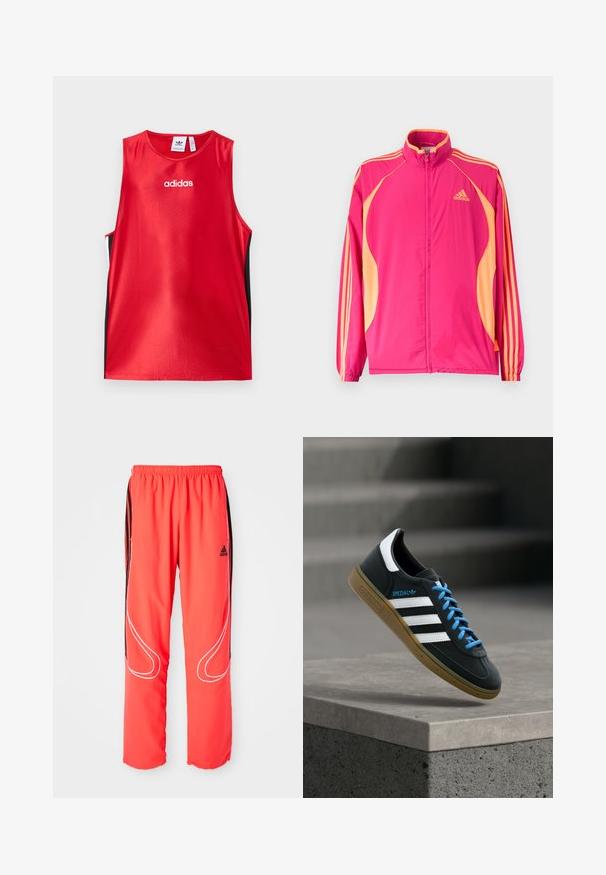 Žiarivo ružová tréningová bunda Adidas s broskyňovými bočnými panelmi, broskyňovými pruhmi na rukávoch, elastickými manžetami a predným zipsom.; Červený bezrukávový športový tielko, vyrobené z hladkej látky. Má čierne bočné panely a biele logo "adidas" na prednej strane.; Červené športové nohavice so voľným strihom, elastickým pásom, čiernymi bočnými pruhmi a bielym lemovaním pozdĺž nohavíc. Logo Adidas na boku.; Čierna teniska Adidas s bielymi pruhmi, modrými šnúrkami a gumovou podrážkou, ktorá sa vznáša nad sivým betónovým schodom v mäkkom svetle.