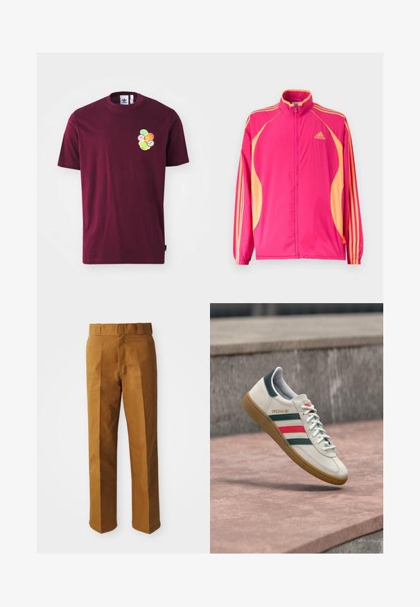 Leuchtend pinke Adidas-Trainingsjacke mit aprikosenfarbenen Seitenpartien, aprikosenfarbenen Streifen auf den Ärmeln, elastischen Bündchen und Reißverschluss vorne.; Bordeauxfarbendes Baumwoll-T-Shirt mit kurzen Ärmeln und Rundhalsausschnitt. Mit einem gestickten Grafikmotiv auf der linken Brust, das bunte, kreisförmige Designs umfasst.; Braune, maßgeschneiderte Hose mit glatter Textur, mit geradem Beinschnitt, Falten vorne und einem normalen Taillenbund.; Weißer Adidas Sneaker mit grünen und roten Streifen, Gummisohle und "SPEZIAL"-Branding, der über einem Steinpflaster schwebt.
