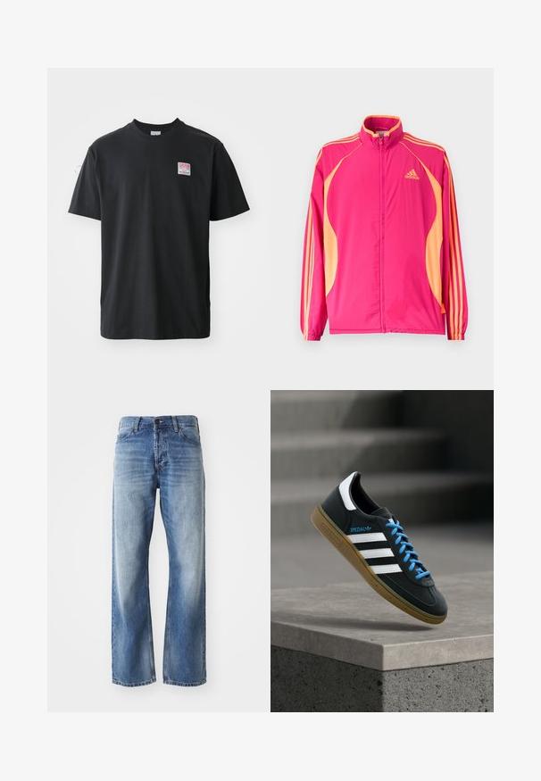 Žiarivo ružová tréningová bunda Adidas s broskyňovými bočnými panelmi, broskyňovými pruhmi na rukávoch, elastickými manžetami a predným zipsom.; Čierne bavlnené tričko s krátkymi rukávmi a okrúhlym výstrihom, s malou farebnou nálepkou na ľavej hrudi s nápisom "SUPERIOR."; Modré džíny s rovnými nohavicami a miernym vyblednutím na stehnách a kolenách, s piatimi vreckami a zapínaním na gombík.; Čierna teniska Adidas s bielymi pruhmi, modrými šnúrkami a gumovou podrážkou, ktorá sa vznáša nad sivým betónovým schodom v mäkkom svetle.