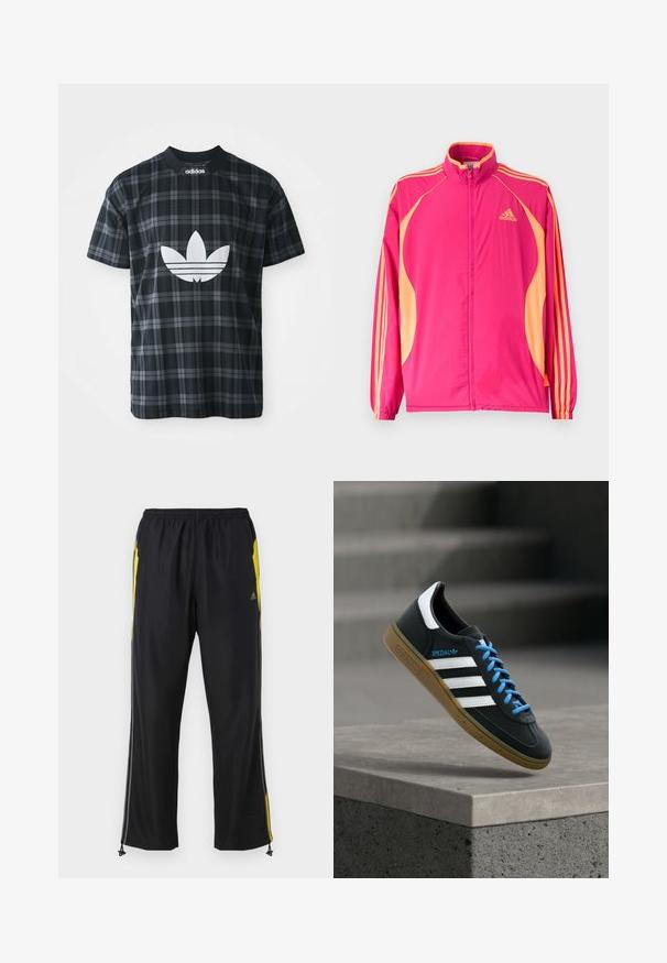 Leuchtend pinke Adidas-Trainingsjacke mit aprikosenfarbenen Seitenpartien, aprikosenfarbenen Streifen auf den Ärmeln, elastischen Bündchen und Reißverschluss vorne.; Schwarz-weiß kariertes T-Shirt in grau mit geripptem Rundhalsausschnitt; hat ein großes weißes Adidas-Logo auf der Vorderseite; kurze Ärmel, normale Passform.; Schwarze Sporthosen mit gelben Seitenakzenten, elastischem Bund und mit Reißverschlüssen versehenen Seitentaschen. Hergestellt aus leichtem, glattem Stoff.; Schwarzer Adidas-Sneaker mit weißen Streifen, blauen Schnürsenkeln und Gummisohle, der über einer grauen Betontreppe im weichen Licht schwebt.