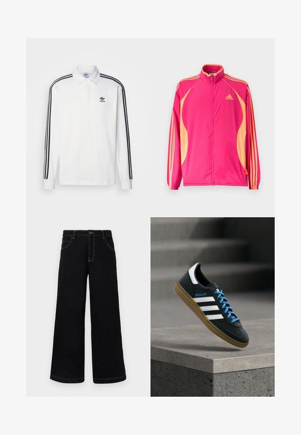 Heledast roosa Adidas jope vaarikavärviliste külgpaneelide, vaarikavärvi triipude varrukatel, elastsete mansettide ja ees tõmbeluku sulgumisega.; Valge pika varrukaga polo särk, millel on klassikaline krae, mustad kolm riba aktsendid varrukatel ja väike must logo rinnal.; Mustad mustad püksid, mis on valmistatud denimist, nup closures, viis taskut ja kontrastsed valged õmblused õmblustes.; Must Adidas toss valgete triibu, siniste paelte ja kummist tallaga, hõljuv pehme valgusega halli betoonastme kohal.