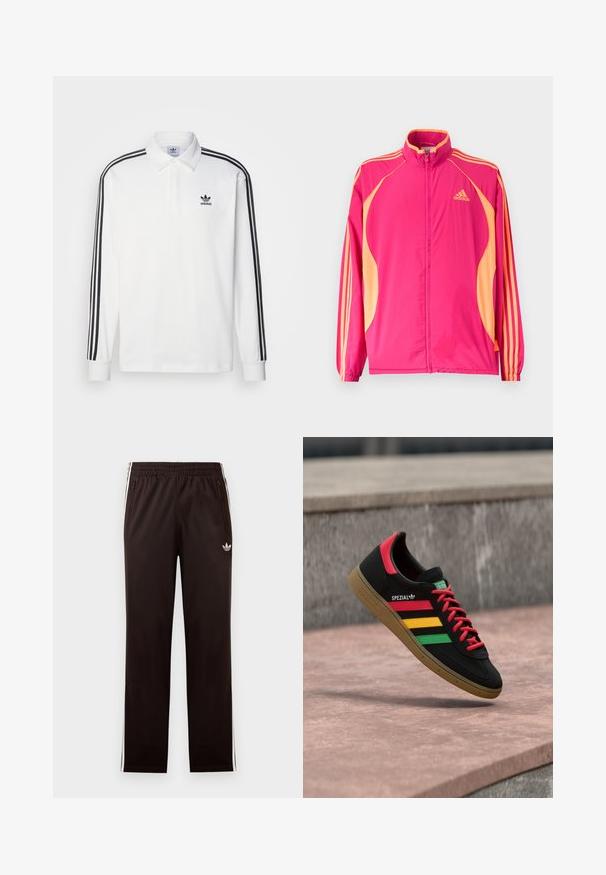 Leuchtend pinke Adidas-Trainingsjacke mit aprikosenfarbenen Seitenpartien, aprikosenfarbenen Streifen auf den Ärmeln, elastischen Bündchen und Reißverschluss vorne.; Weißes Poloshirt mit langen Ärmeln, klassischem Kragen, schwarzen drei Streifen an den Ärmeln und kleinem schwarzem Logo auf der Brust.; Schwarze Adidas-Trainingshose mit elastischem Bund, weißen Seitenstreifen, Reißverschlusstaschen und kleinem Trefoil-Logo am linken Oberschenkel.; Schwarzer Adidas Spezial Sneaker mit roten, gelben und grünen Streifen, roten Schnürsenkeln, Gummisohle und rotem Fersen-Detail, schwebend über dem Pflaster gezeigt.