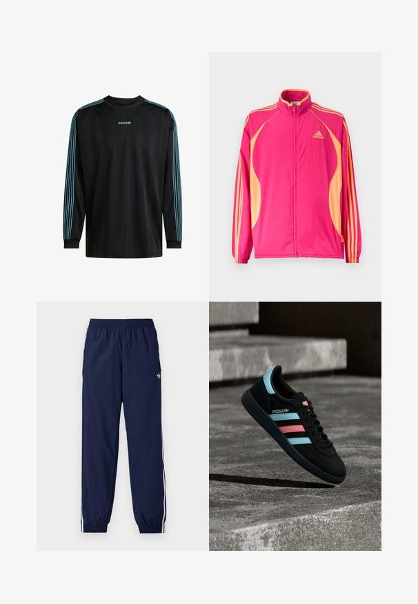 Φωτεινό ροζ αθλητικό μπουφάν Adidas με ροδακινί πλαϊνές λωρίδες, ροδακινί ρίγες στα μανίκια, ελαστικά μανσέτα και φερμουάρ στο μπροστινό μέρος.; Μαύρο μακρυμάνικο πουκάμισο με ριμπ κολλάρο, με τρεις τυρκουάζ ρίγες σε κάθε μανίκι και λογότυπο Adidas στο στήθος.; Σκούρο μπλε παντελόνι φόρμας από ελαφρύ ύφασμα, με λευκές ρίγες στο πλάι, ελαστική μέση και μικρό λογότυπο.; Μαύρο αθλητικό παπούτσι Adidas Spezial με μπλε και ροζ ρίγες, να αιωρείται πάνω από υφή γκρι σκυροδέματος με σκιά από κάτω.