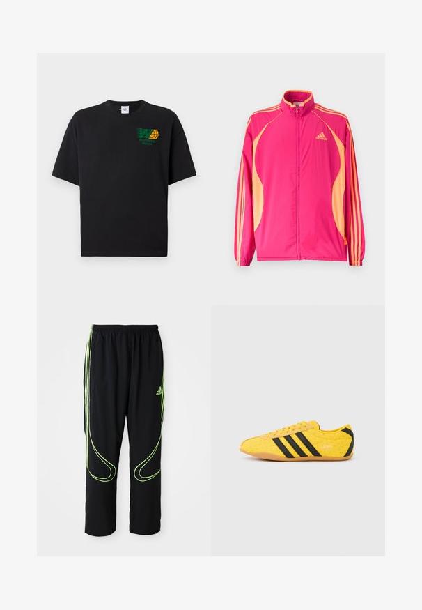 Φωτεινό ροζ αθλητικό μπουφάν Adidas με ροδακινί πλαϊνές λωρίδες, ροδακινί ρίγες στα μανίκια, ελαστικά μανσέτα και φερμουάρ στο μπροστινό μέρος.; Μαύρη βαμβακερή μπλούζα κοντομάνικη. Διαθέτει μια πράσινη και κίτρινη γραφική παράσταση "Worldwide Hoops" στο μπροστινό μέρος. Χαλαρή εφαρμογή, στρογγυλή λαιμόκοψη.; Μαύρα αθλητικά παντελόνια Adidas με νεον πράσινες καμπύλες γραμμές και τρεις ρίγες στα πλάγια, ελαστική μέση και λογότυπο Adidas στο μπροστινό μπούστο.; Κίτρινο αθλητικό παπούτσι με υφή στο επάνω μέρος, με μαύρες ρίγες και λογότυπο. Στρογγυλεμένη μύτη, μαλακή σόλα και ζιγκ-ζαγκ σχέδιο στο υλικό.