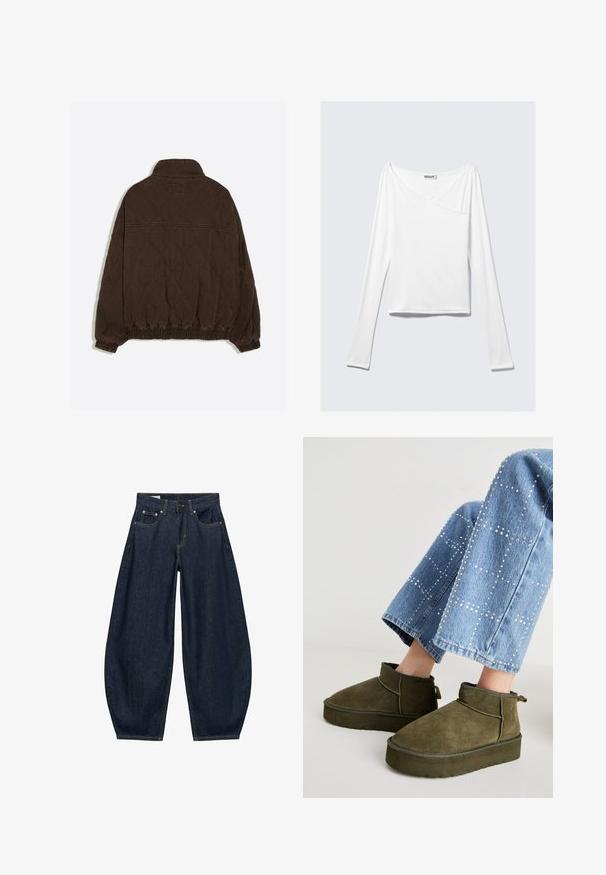 Dunkelbraune gesteppte Jacke mit elastischen Bündchen und Saum, Stehkragen und einem dezenten Rautenmuster auf dem Rücken.; Weißes Langarmoberteil mit einem Überlappungsdesign und einer Tasche. Hergestellt aus einem glatten, elastischen Material. In einem lässigen, entspannten Schnitt.; Dunkelblaue Jeans mit weitem Bein, vorderen Taschen, Gürtelschlaufen und Knopfverschluss in der Taille.; Olivgrüne Wildleder-Ankle Boots mit einer dicken, strukturierten Sohle und einem Zugriemen. Kombiniert mit hellblauen, verzierten Jeans.