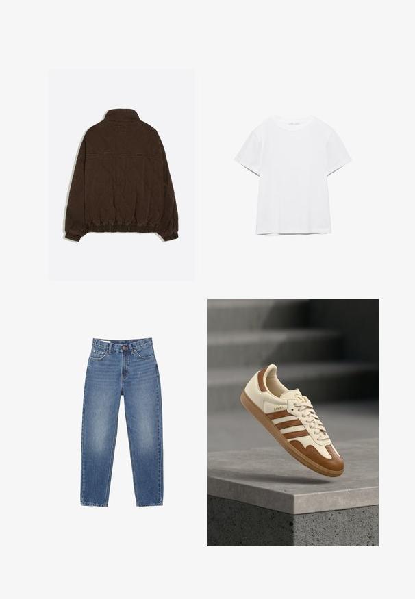 Donkerbruine doorgestikte jas met elastische manchetten en zoom, opstaande kraag en subtiel diamantsteekpatroon op de rug.; Effen wit T-shirt met korte mouwen en ronde hals, met een rechte zoom, gepresenteerd tegen een witte achtergrond.; Blauwe spijkerbroek met rechte pijpen, vijfzakkenmodel en zichtbare stikseldetails op een witte achtergrond.; Klassieke sneaker met een crème kleurige leren bovenkant, bruine accenten, drie strepen en een textuurrijke gumzool. Voorzien van een afgeronde neus en vetersluiting.