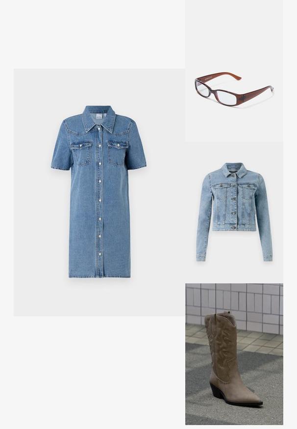 Heled sinine teksajakk pikkade varrukatega, klassikalise kraega, kahe rinnataskuga ja nööpidega ees. Omab tikitud detaile ja lühikest disaini.; Hele sinine teksast rukki Kleid, lühikesed varrukad, nööbiga kinnitamine, kaks rinna taskut ja kerge A-lõige. Pehme tekstuur koos kontrastsete õmblustega.; Kõrge beež nabarnahast kauboi saabas dekoratiivse õmbluse ja naelkinnitustega, millel on terav nina ja kaldu must konts betoonpinnal.; Pruunide toonidega ristkülikukujulised prillid, millel on läikiv viimistlus, peeneid oksi ja läbipaistvad läätsed. Logo on nähtav vasakul templi osal.