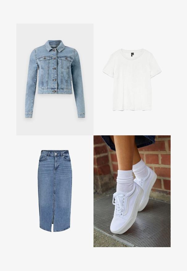 Lichtblauwe denimjas met lange mouwen, klassieke kraag, twee borstzakken en knopen aan de voorkant. Beschikt over gestikte accenten en een cropped ontwerp.; Witte t-shirt met korte mouwen en een ronde hals, gemaakt van lichte stof. Eenvoudig ontwerp, gladde textuur en rechte zoom.; Lichtblauwe denim midi rok met een voorflap, vijf zakken, riemlussen en een knoopsluiting in de taille. Klassieke pasvorm en textuur.; Witte canvas sneakers met rubberen zolen, voorzien van zes vetertjes, een ronde neus en lichte stikdetails, gecombineerd met witte enkelsokken.