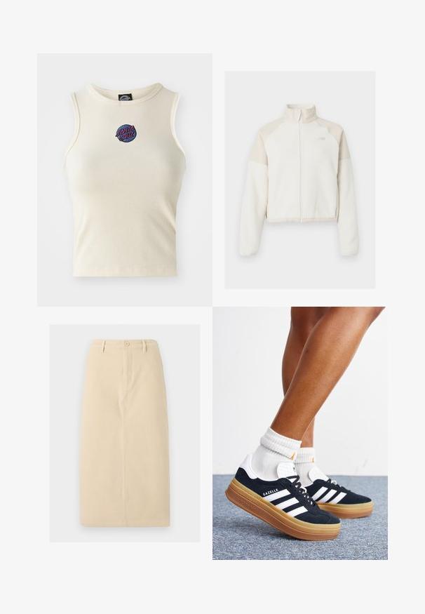 Geknipte fleecjacket in off-white met lichtbeige accenten, volle ritssluiting, hoge kraag en geborduurd logo op de borst. Zachte textuur.; Crème geribbelde tanktop met een ronde hals en zonder mouwen, met een geborduurd "Santa Cruz" logo in roze en blauw op de voorkant.; Beige, knie-lange rok van stevig materiaal, met een sluiting aan de voorkant met knopen en subtiele verticale naaddetails.; Ben met witte sokken en zwarte Adidas Gazelle sneakers met witte strepen en dikke bruine zolen op een grijs tapijt.