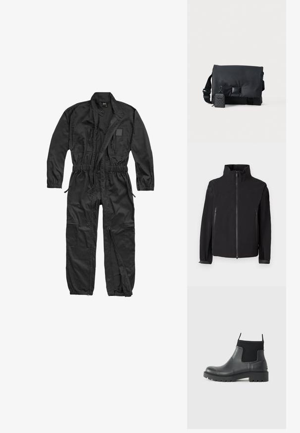 Schwarze Zip-Up-Jacke mit hohem Kragen, ausgestattet mit zwei seitlichen Reißverschlusstaschen, aus einem glatten, leichten Material mit minimalistischem Design.; Brandit BRANDIT HERREN EINSATZKOMBI - Jumpsuit - black; Schwarze Knöchelstiefel aus Gummi mit matter Oberfläche, die ein schlankes Design, elastische Einsätze und eine robuste Sohle für bessere Bodenhaftung bieten.; Schwarze Umhängetasche mit einer eleganten, glatten Außenseite, einem verstellbaren Trageriemen und einem kleinen abnehmbaren Beutel mit geometrischem Muster.