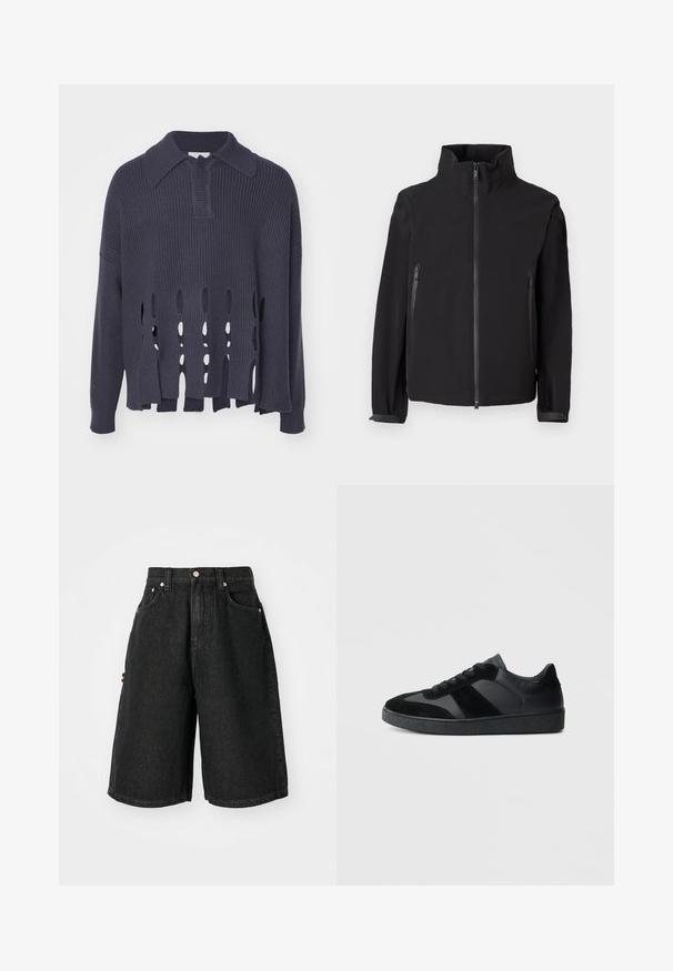Musta vetoketjullinen takki, jossa on korkea kaulus, kahdella vetoketjullisella sivutaskulla, valmistettu sileästä, kevyestä materiaalista ja minimalistisella designilla.; Tummansininen neulepusero, jossa on avoimia vaakasuoria halkioita helman kohdalla, ribbireunus kauluksessa ja hihoissa. Ominaisuuksiin kuuluu rento istuvuus ja teksturoitu materiaali.; Mustat denim-shortsit, joissa on korkea vyötärö, nappikiinnitys, kaksi etutaskua ja sivutasku erivärisellä reunalla.; Mustat tennarit, joissa on yhdistelmä sileää nahkaa ja mokkanahkaa, teksturoitu musta kumipohja ja hienovaraiset raidat.