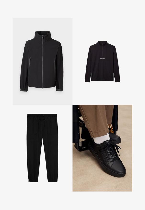 Schwarze Zip-Up-Jacke mit hohem Kragen, ausgestattet mit zwei seitlichen Reißverschlusstaschen, aus einem glatten, leichten Material mit minimalistischem Design.; Schwarzer Langarm-Pullover von Calvin Klein mit Viertel-Reißverschluss und weißem Logo auf der Brust.; Schwarze Jogginghosen mit elastischem Bund, Kordelzug, vorderen aufgesetzten Taschen und elastischen Bündchen vor weißem Hintergrund.; Schwarzer Ledersneaker mit Schnürsenkeln und seitlichem Reißverschluss, getragen mit weißen Socken und brauner Hose, Fuß ruht auf der Fußstütze eines Rollstuhls.