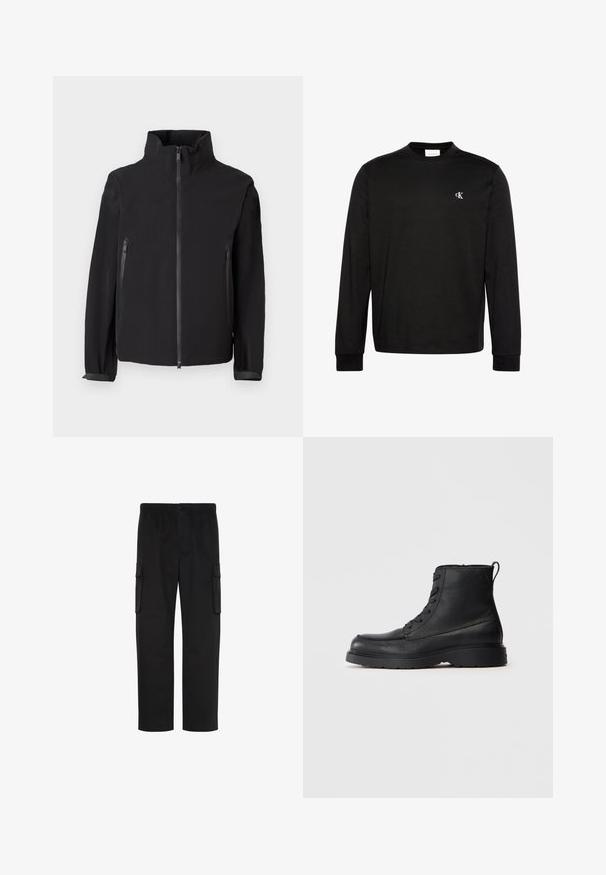 Chaqueta negra con cremallera y cuello alto, que cuenta con dos bolsillos laterales con cremallera, fabricada con un material suave y ligero con un diseño minimalista.; Camiseta negra de manga larga con cuello redondo, con pequeño logo blanco "cK" en el pecho izquierdo y puños acanalados.; Pantalones cargo negros de pierna recta con cintura elástica, cierre de botón y dos bolsillos con solapa en los lados.; Botín de tobillo negro de cuero texturizado con cordones, suela gruesa y lengüeta en la parte trasera, vista lateral.