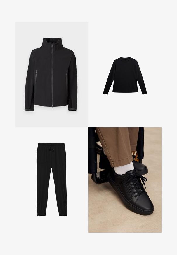 Chaqueta negra con cremallera y cuello alto, que cuenta con dos bolsillos laterales con cremallera, fabricada con un material suave y ligero con un diseño minimalista.; Camiseta negra de manga larga hecha de tela suave, con cuello redondo y un logotipo sutil en el frente, con un corte holgado.; Pantalones de chándal negros hechos de un tejido suave. Cuentan con una cintura elástica con cordón, dos bolsillos frontales y tobillos con cremallera para facilitar su uso.; Zapatilla deportiva de cuero negro con cordones y cremallera lateral, usada con calcetines blancos y pantalones marrones, pie apoyado en el reposapiés de una silla de ruedas.