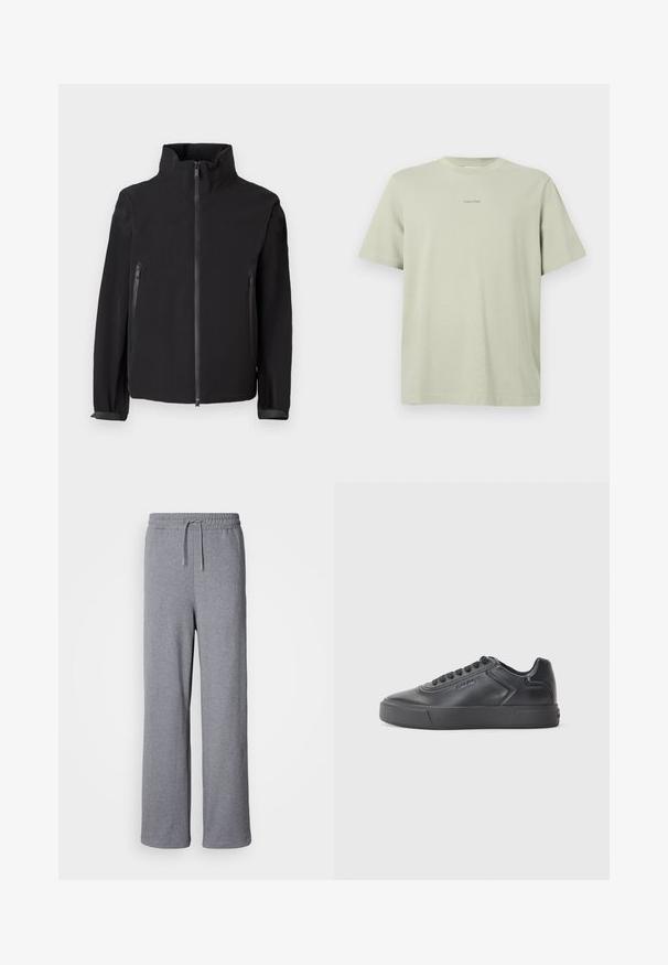 Chaqueta negra con cremallera y cuello alto, que cuenta con dos bolsillos laterales con cremallera, fabricada con un material suave y ligero con un diseño minimalista.; Camiseta de algodón verde clara con cuello redondo, mangas cortas y un pequeño logo de Calvin Klein en una tonalidad más oscura impreso en el pecho.; Pantalones de chándal anchos y grises, hechos de material suave; cuentan con una cintura elástica con cordón y sin bolsillos. Diseño simple y sin adornos.; Zapatilla deportiva de cuero negro con punta redondeada, suela de goma plana y costuras en contraste. Presenta un logo en el lateral y un diseño con cordones.