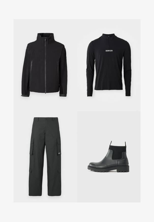 Sort zip-up jakke med høj krave, der har to lynlåslommer i siden, lavet af et glat, let materiale med et minimalistisk design.; Sort langærmet top med høj krave, der har en kvartlynlås og hvid "CALVIN KLEIN" logo på forsiden. Glat, strækbart stof.; Sorte straight-leg cargo bukser med sidelommer med klap, knaplukning, bæltestropper og et lille hvidt logo på klappen af højre lomme.; Sorte ankelstøvler lavet af gummi med en mat finish, der har et strømlinet design, elastiske paneler og en kraftig sål for godt greb.
