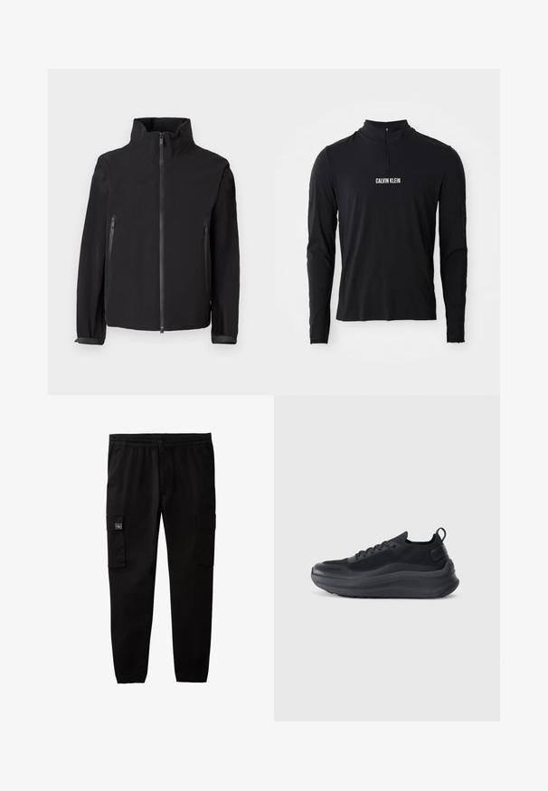 Sort zip-up jakke med høj krave, der har to lynlåslommer i siden, lavet af et glat, let materiale med et minimalistisk design.; Sort langærmet top med høj krave, der har en kvartlynlås og hvid "CALVIN KLEIN" logo på forsiden. Glat, strækbart stof.; Sorte cargobukser med elastisk talje og manchetter, knap- og lynlås-lukning samt klaplommer på hvert lår.; Sort sportsko med mesh-overdel, teksturerede detaljer og en tyk gummisål. Har en løkke ved hælen og snørebåndsdesign.