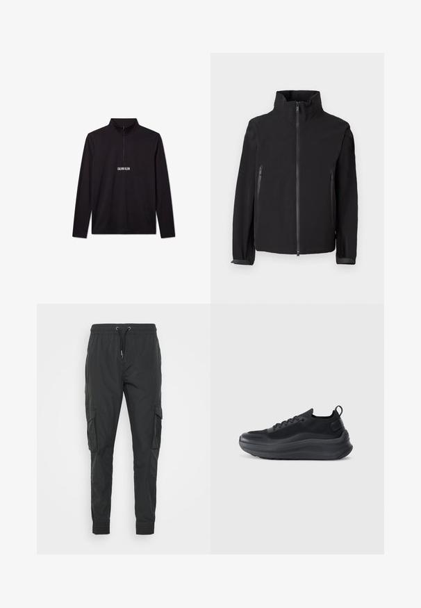 Sort zip-up jakke med høj krave, der har to lynlåslommer i siden, lavet af et glat, let materiale med et minimalistisk design.; Sort Calvin Klein pullover med lange ærmer, kvart lynlås og hvidt logo trykt på brystet.; Sorte cargo bukser lavet af letvægtsstof, med en justerbar snøre i taljen, elastiske manchetter og to sidelommer.; Sort sportsko med mesh-overdel, teksturerede detaljer og en tyk gummisål. Har en løkke ved hælen og snørebåndsdesign.