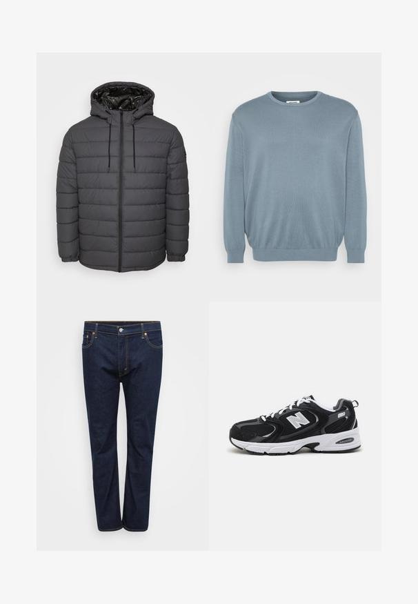 Steppjacke in Dunkelgrau, mit Reißverschluss, Kapuze mit verstellbaren Kordeln und gesteppter Optik sowie elastischen Bündchen.; Helles blaues Sweatshirt aus Strickstoff, mit rundem Halsausschnitt und gerippten Bündchen und Saum. Einfaches Design mit einer weichen Textur.; Dunkelblaue Denim-Jeans mit geradem Bein, sichtbar abgenäht in kontrastierendem Gelb, fünf Taschen und einem vorderen Knopfverschluss.; Schwarze und graue Sportschuhe mit Obermaterial aus Mesh und Wildleder, ausgestattet mit einer weißen Zwischensohle, Schnürsenkeln und einem markanten "N"-Logo an der Seite.