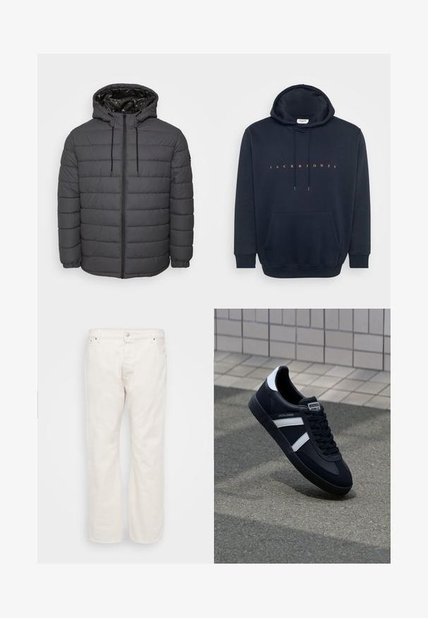 Gewatteerd jack in donkergrijs, met ritssluiting, capuchon met verstelbare trekkoorden en doorgestikt ontwerp met elastische manchetten.; Marineblauwe hoodie van zacht materiaal, met een buidelzak en een capuchon met trekkoord. Tekst "JACK & JONES" in oranje over de borst.; Witte denim jeans met een rechte pasvorm, voorzien van een knoopsluiting, riemlussen en twee zijzakken. Gladde textuur, minimalistische details.; Zwarte leren sneaker met witte strepen, een gestructureerde rubberen zool en vetersluiting aan de voorkant. Voorzien van een merklabel op de tong.