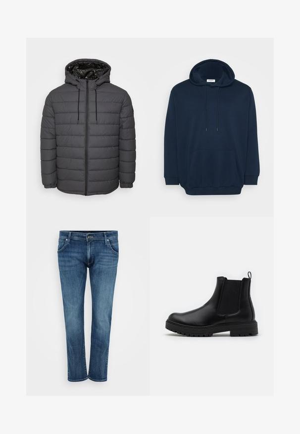 Gewatteerd jack in donkergrijs, met ritssluiting, capuchon met verstelbare trekkoorden en doorgestikt ontwerp met elastische manchetten.; Marineblauwe hoodie van een katoenmix, met een trekkoordcapuchon, voorzak met kangoeroe-design, ribgebreide cuffs en een ontspannen pasvorm.; Blauwe denim jeans met een recht model, voorzien van voorzakken, een rits en subtiele vervaging. Klassieke stijl met een medium was finish.; Zign by Zalando LEATHER - Lage laarzen - black