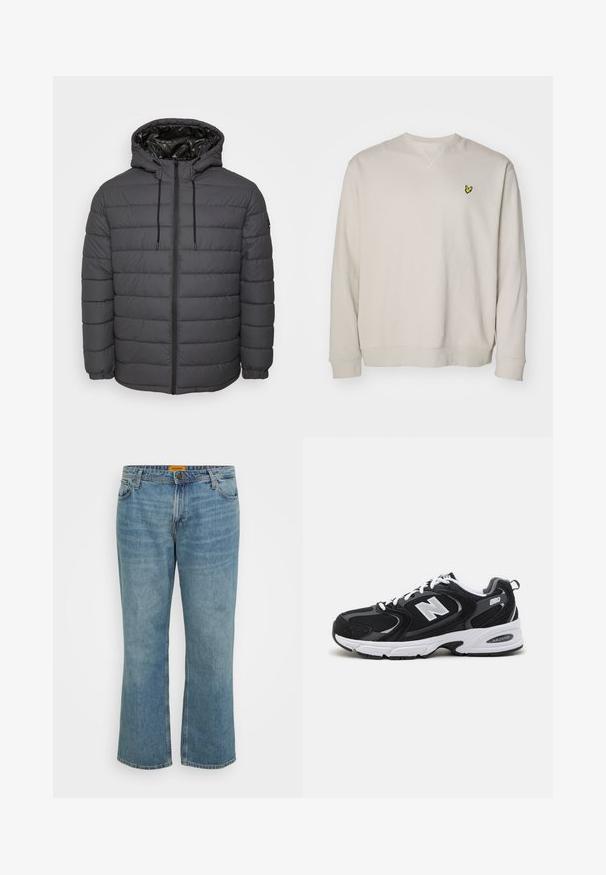 Steppjacke in Dunkelgrau, mit Reißverschluss, Kapuze mit verstellbaren Kordeln und gesteppter Optik sowie elastischen Bündchen.; Helle beige Sweatshirt mit langen Ärmeln, Rundhalsausschnitt und einem kleinen gelben gestickten Logo auf der linken Brust. Hergestellt aus weichem Material.; Hellblaue Jeans aus Denim mit geradem Bein, fünf Taschen, sichtbare Nähte und Reißverschluss. Das Etikett ist gelb auf dem inneren Hosenbund.; Schwarze und graue Sportschuhe mit Obermaterial aus Mesh und Wildleder, ausgestattet mit einer weißen Zwischensohle, Schnürsenkeln und einem markanten "N"-Logo an der Seite.