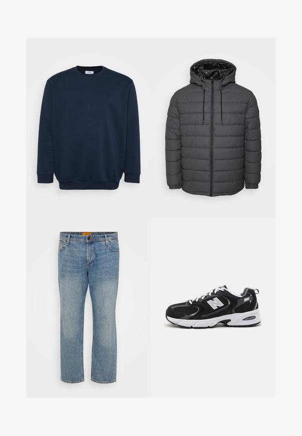 Doudoune de couleur gris foncé, dotée d'une fermeture éclair, d'une capuche avec cordons de serrage ajustables et d'un design matelassé avec poignets élastiqués.; Sweatshirt bleu marine en mélange de coton doux, avec un col rond, des manches longues et des poignets et ourlet côtelés. Design minimaliste sans motifs.; Jean en denim bleu clair avec une coupe droite, comportant cinq poches, une fermeture à bouton et une étiquette de marque orange sur la ceinture.; Baskets de sport noires et grises avec un tige en mesh et en suède, présentant une semelle intermédiaire blanche, des lacets et un logo "N" audacieux sur le côté.