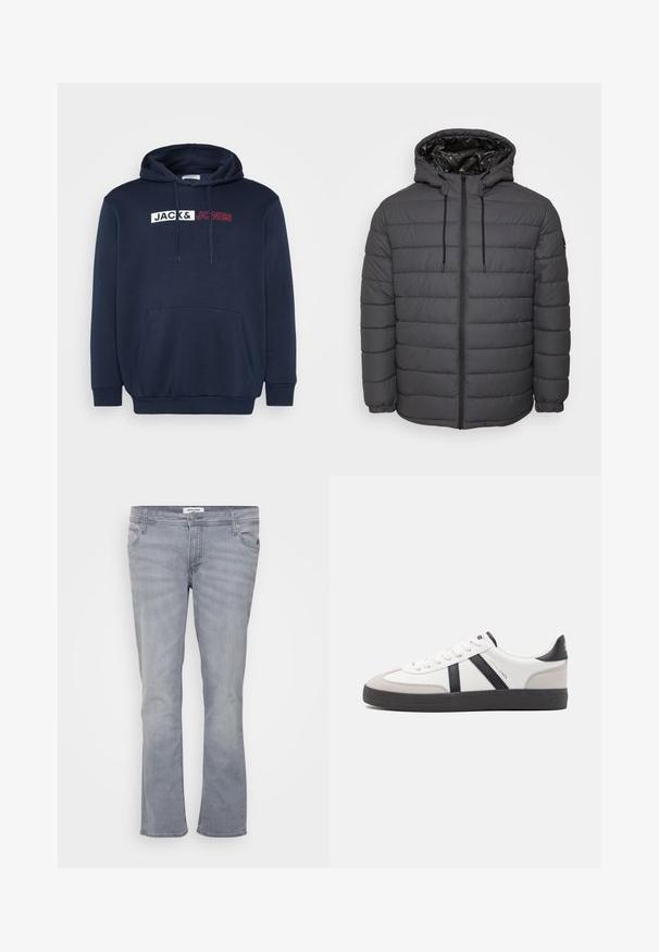 Gewatteerd jack in donkergrijs, met ritssluiting, capuchon met verstelbare trekkoorden en doorgestikt ontwerp met elastische manchetten.; Marineblauwe hoodie met een kangoeroezak, trekkoordcapuchon en een wit/rood bedrukt logo met de tekst "JACK & JONES" over de borst.; Lichtgrijze jeans met uitlopende pijpen gemaakt van denim, met een klassiek ontwerp van vijf zakken, een tailleband met een riemlus en gestikte details.; Witte sneaker met zwarte en grijze accenten, voorzien van een grijze neus met textuur, zwarte rubberen zool en platte witte veters. Schoon ontwerp, minimalistische stijl.