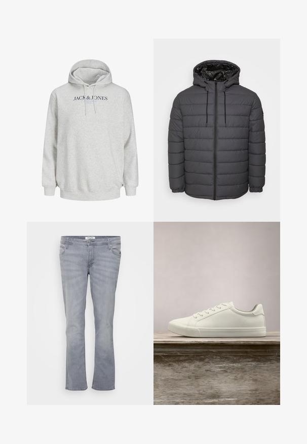 Vatteret jakke i mørkegrå med lynlås, hætte med justerbare snore og quiltet design med elastiske manchetter.; Lys grå hættetrøje med snore og "JACK & JONES" trykt hen over brystet i mørkeblå og lyseblå tekst.; Lysegrå vidde jeans lavet af denim, med et klassisk design med fem lommer, linning med bæltestrop og syede detaljer.; Hvide snørresneakers svævende over en træbænk med grønne planter i baggrunden, der fremhæver skodesign og tekstur.