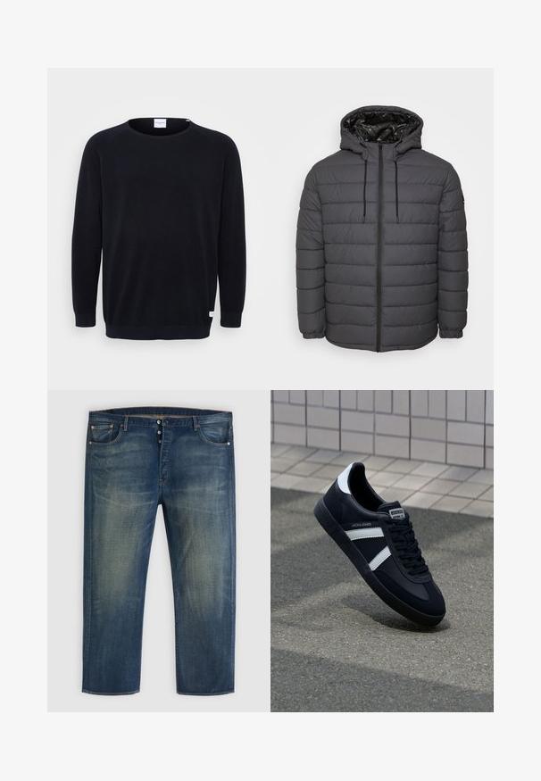Vatteret jakke i mørkegrå med lynlås, hætte med justerbare snore og quiltet design med elastiske manchetter.; Sort strikket sweater med rund halsudskæring og lange raglanærmer. Har ribbede manchetter og kant, tekstureret stof og et lille mærke ved kanten.; Blå denimjeans med knaplukning, klassisk fem-lomme design og falmede detaljer på lår og knæ.; Sort lædersneaker med hvide striber, tekstureret gummisål og snørrebånd foran. Har et brandet mærke på tungen.