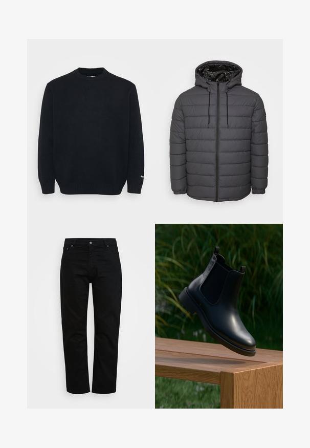 Vatteret jakke i mørkegrå med lynlås, hætte med justerbare snore og quiltet design med elastiske manchetter.; Sort strikket crewneck sweater med lange ærmer og ribbede manchetter og kant, præsenteret på en ensfarvet lys baggrund.; Sorte jeans lavet af bomuld, med klassisk snit, fem-lomme design og metalknaplukning. Glat tekstur med lige ben.; Sort læder ankelstøvle med elastiske sidepaneler, der svæver over en træbænk, med grønne planter i baggrunden.