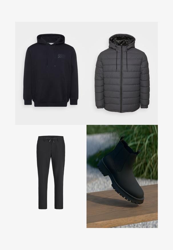 Vatteret jakke i mørkegrå med lynlås, hætte med justerbare snore og quiltet design med elastiske manchetter.; Sort hættetrøje lavet af bomuldsblanding, med en frontkangaroo-lomme, snoretræk i hætten og et diskret logodesign på brystet.; Sorte, afslappede bukser med elastisk taljebånd og justerbar snøre, lige ben pasform og bæltestropper.; Sort ankelstøvle med en glat overflade, elastiske sidepaneler og en tyk, robust sål. Sat mod en naturlig baggrund på en træoverflade.