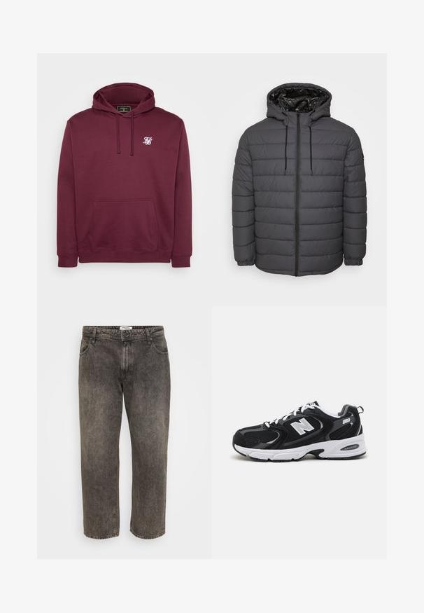 Prešívaná bunda tmavosivej farby, s uzatváraním na zips, kapucňou s nastaviteľnými sťahovacími šnúrkami a prešívaným dizajnom s elastickými manžetami.; Burgundský mikina s kapucňou vyrobená z mäkkej látky, s prednou vreckom a malým bielym logom na hrudi. Dlhé rukávy a rebrované manžety.; Čierne vyblednuté rifle s priamym strihom, s predným zapínaním na gombík a zips, prednými vreckami a opaskovými pútkami.; Čierne a šedé športové topánky s hornou časťou z mikrovlákna a zamatu, s bielou medzipodrážkou, šnúrkami a výrazným logom "N" na boku.