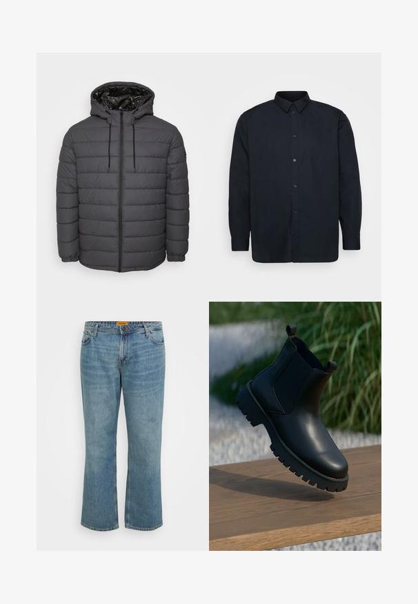 Chaqueta acolchada en gris oscuro, con cierre de cremallera, capucha con cordones ajustables y diseño acolchado con puños elásticos.; Camisa negra de botones confeccionada en algodón, con cuello clásico, mangas largas y siete botones en la parte frontal. Textura suave, sin patrones notables.; Jeans de mezclilla en azul claro con corte recto, cinco bolsillos, costura visible y bragueta con cremallera. La etiqueta es amarilla en la parte interior de la cinturilla.; Botas de tobillo de cuero negro con paneles laterales elásticos, punta redonda y suela de taco grueso, exhibidas sobre una superficie de madera.