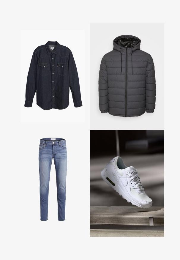 Steppjacke in Dunkelgrau, mit Reißverschluss, Kapuze mit verstellbaren Kordeln und gesteppter Optik sowie elastischen Bündchen.; Dunkelblauses Denim-Hemd mit langen Ärmeln und spitzem Kragen, zwei Brusttaschen, weißen Knöpfen und kontrastierendem gelbem Stich. Glattes, robustes Material.; Schmale blaue Jeans aus Denim, mit einer ausgeblichenen Waschung, fünf Taschen und einem Reißverschluss mit Knopfverschluss.; Weiße Nike Air Max 90 Sneaker mit einem Obermaterial aus Mesh und Leder, durchlässigem Zehenbereich und einer sichtbaren Air-Einheit in der Ferse.